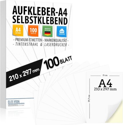 100 Self-Adhesive DIN A4 Labels, 210 x 297 mm, Universal Printable, Matte White Surface, Compatible with Inkjet and Laser Printers, Stickers for Many Applications, Made in Germany