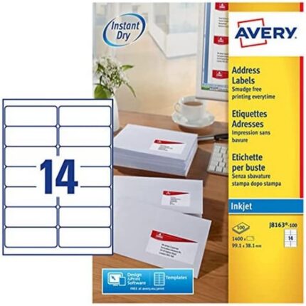 Avery Smudge Free, Printable, Address Labels, Quickdry, 99.1 x 38.1 mm, White, 14 Labels per Sheet, 1400 Blank Labels per Pack (J8163-100)