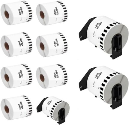 10 Rolls DK-22205 Continuous Length Paper Labels for Brother QL Label Printer, 62mm(W) x 30.48m(L), with 3 Reusable Holders