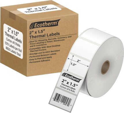 2 x 1.5 Direct Thermal Paper Label Stickers - 8220 Labels - 1370 Labels Per Roll - 6 Rolls - for Datamax, Intermec, Sato, TSC, Zebra Direct Thermal Printers