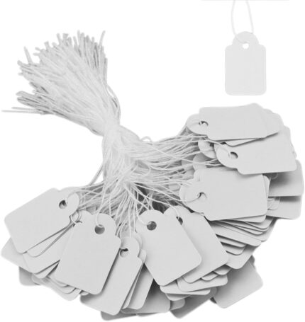 200 White Jewelry Price Tags, 25mm x 15mm, Strung Labels