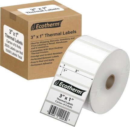3 x 1 Direct Thermal Paper Label Stickers - 15000 Labels - 2500 Labels Per Roll - 6 Rolls - for Datamax, Intermec, Sato, TSC, Zebra Direct Thermal Printers