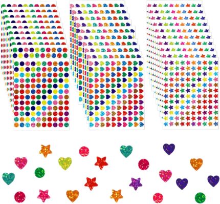 3600 PCS Glitter Small Stickers for Kids, Mini Colorful Stickers with Heart, Star and Round Shapes, Multi-Shape Heart Sticker for Student Teacher Supplies, DIY Decoration, 30 Sheets