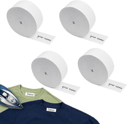 4 Rolls Iron On Name Labels for Clothes, 1.8cm*2m Name Tags for Clothes Washable, Iron On Labels No-Scratch Clothing Woven for Daycare, Nursing Home, Camp, School, Laundry