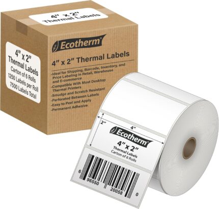 4 x 2 Direct Thermal Paper Label Stickers - 7500 Labels - 1250 Labels Per Roll - Carton of 6 Rolls - for Datamax, Intermec, Sato, TSC, Zebra Direct Thermal Printers