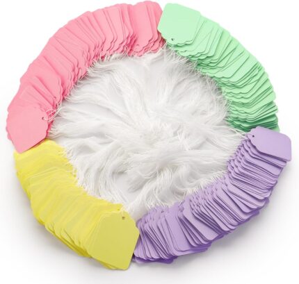 400 Pcs Price Tags with String, 4.5 x 3.5 cm Writable Colorful Hang Labels, Blank Paper Display Tags for Luggage, Clothing, Gifts, Jewelry