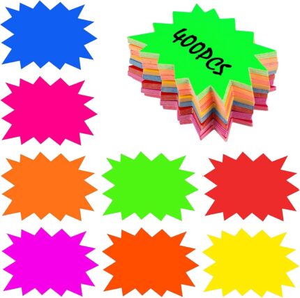 400Pcs Fluorescent Star Sale Signs, 8 Colors Starburst Retail Price Tags, Neon Display Sign Cards, Paper Sale Discount Price Labels for Retail Store Shop Grocery Supermarket Party Favors