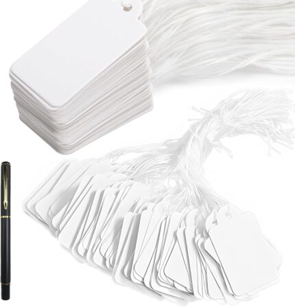 500 pcs Mini Strung Price Tags, White String Price Marker Labels, 28x45 mm Tie on PaperTags, White GiftTags Tie on Blank Marking Tagswith Elastic Rope Attached Blank for Jewelry Clothing Display