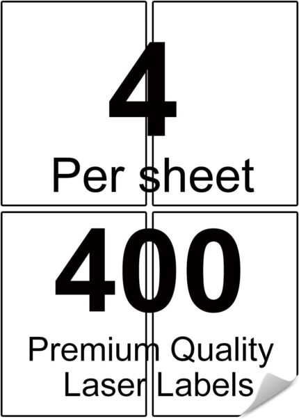 A4 White Sticker Printer Labels,4 per Sheet,100 Sheets, 400 Labels,105x148mm Self Adhesive Address Mailing Compatible with Inkjet and Laser Printers