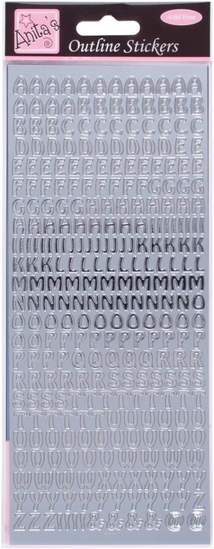 Anitas Outline Stickers, Capital Letters, Silver, For Scrapbooking, Card Making, Kids Play, Homework, Art, Craft, Embelish, Decorative, Paper, Card, Glass, Metal, Plastic, Foam