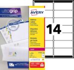 Avery JamFREE, Printable, Address Labels, Customisable, 99.1 x 38.1 mm, White, 14 Labels per Sheet, 1400 Blank Labels per Pack (L7163-100)