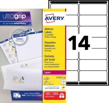 Avery JamFREE, Printable, Address Labels, Customisable, 99.1 x 38.1 mm, White, 14 Labels per Sheet, 1400 Blank Labels per Pack (L7163-100)