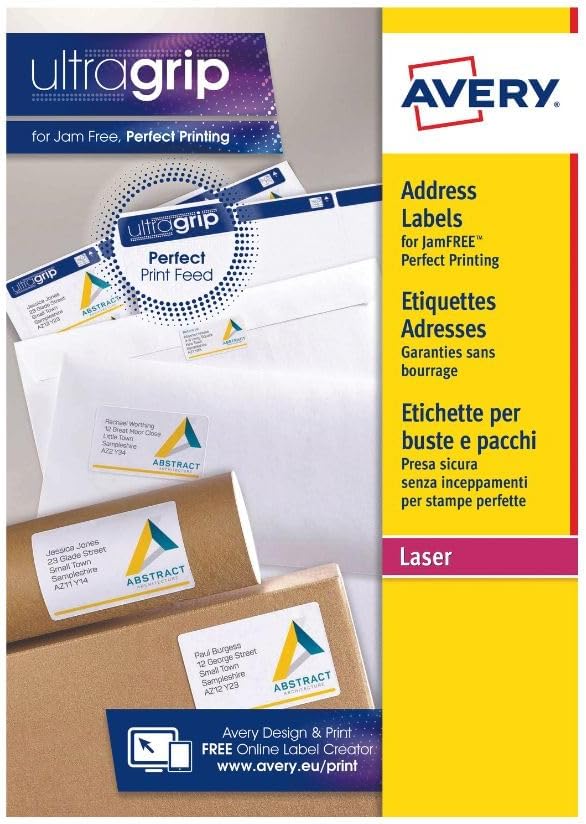 Avery JamFREE, Printable, Address Labels, FSC Certified, 63.5 x 38.1 mm, White, 21 Labels per Sheet, 210 Blank Labels per Pack (L7160-10) Avery JamFREE, Printable, Address Labels, FSC Certified, 63.5 x 38.1 mm, White, 21 Labels per Sheet, 210 Blank Labels per Pack (L7160-10)