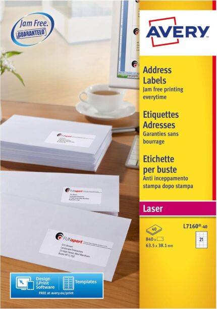 Avery L7160 Address Labels, White, 63.5 x 38.1 mm, 21 per A4 Sheet, 40 Sheets 840 Labels, JamFREE UltraGrip QuickPEEL, for Laser Printers, FSC Certified (L7160-40)