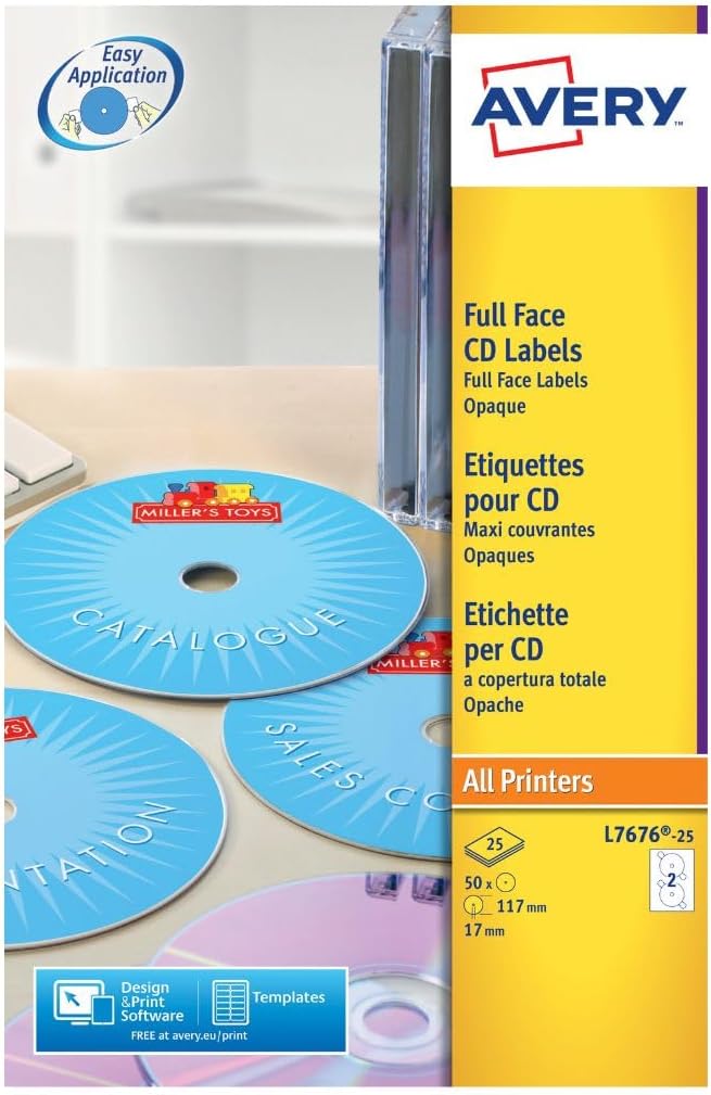 Avery L7676-25 Easy Application Full Face CD Labels, Printable & Customisable, Matt White, 117 mm, 2 Labels per Sheet, 50 Labels per Pack Avery L7676-25 Easy Application Full Face CD Labels, Printable & Customisable, Matt White, 117 mm, 2 Labels per Sheet, 50 Labels per Pack