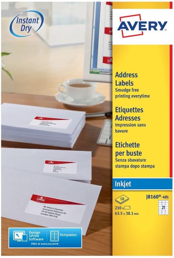 Avery Smudge Free, Printable, Address Labels, Quickdry, 63.5 x 38.1 mm, White, 21 Labels per Sheet, 210 Blank Labels per Pack (J8160-10) Avery Smudge Free, Printable, Address Labels, Quickdry, 63.5 x 38.1 mm, White, 21 Labels per Sheet, 210 Blank Labels per Pack (J8160-10)