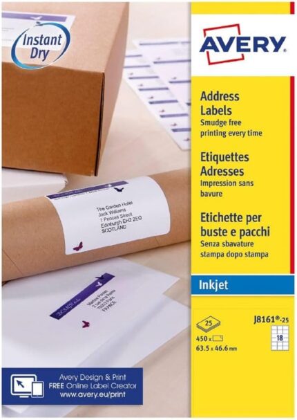 Avery Smudge Free, Printable, Address Labels, Quickdry, 63.5 x 46.6 mm, White, 18 Labels per Sheet, 450 Blank Labels per Pack (J8161-25)