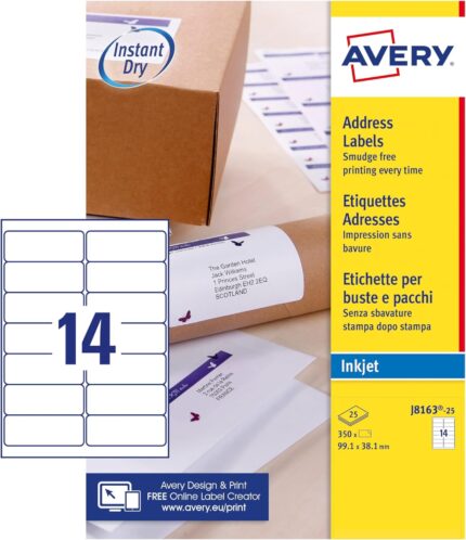 Avery Smudge Free, Printable, Address Labels, Quickdry, 99.1 x 38.1 mm, White, 14 Labels per Sheet, 350 Blank Labels per Pack (J8163-25)