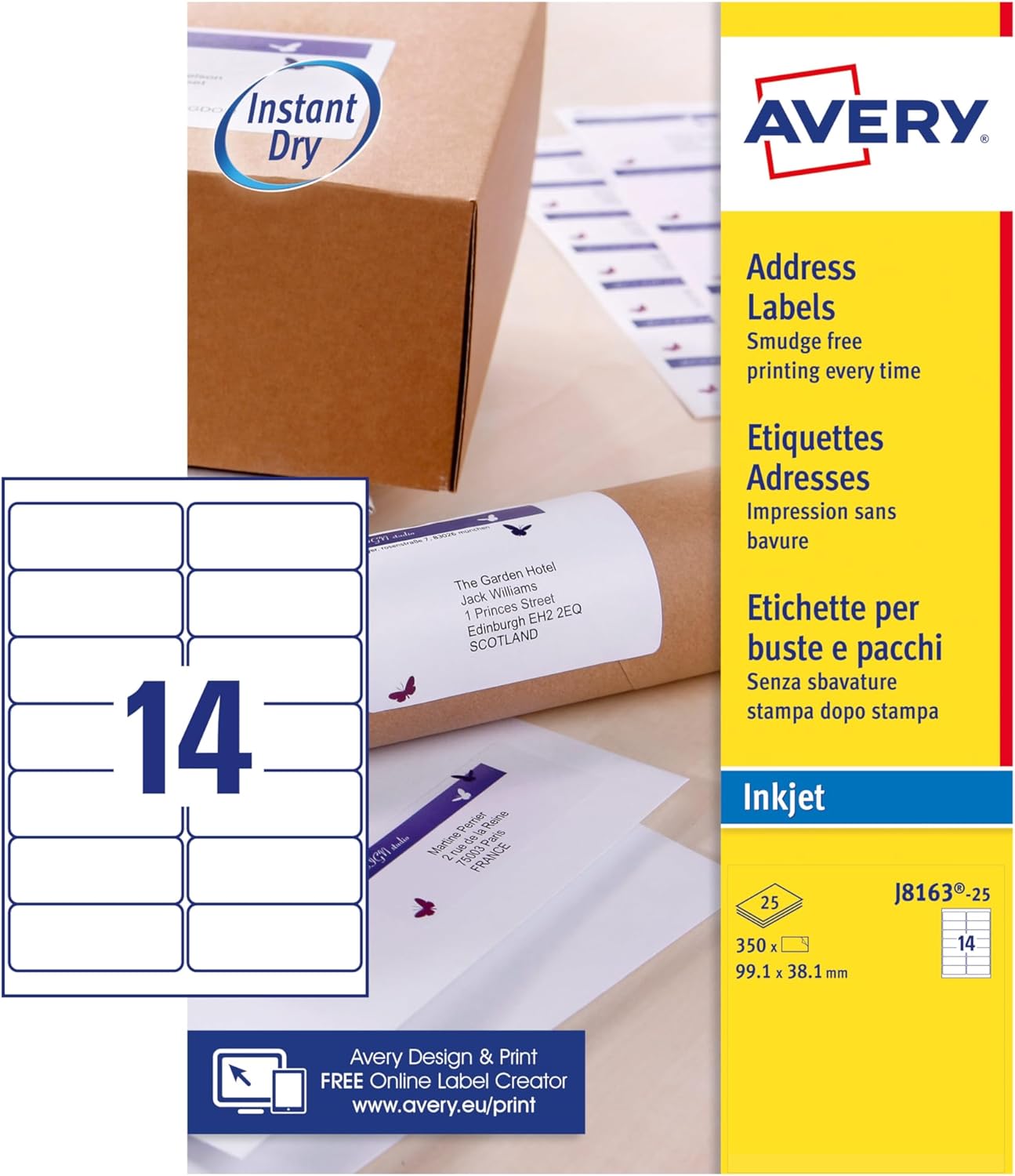 Avery Smudge Free, Printable, Address Labels, Quickdry, 99.1 x 38.1 mm, White, 14 Labels per Sheet, 350 Blank Labels per Pack (J8163-25) Avery Smudge Free, Printable, Address Labels, Quickdry, 99.1 x 38.1 mm, White, 14 Labels per Sheet, 350 Blank Labels per Pack (J8163-25)