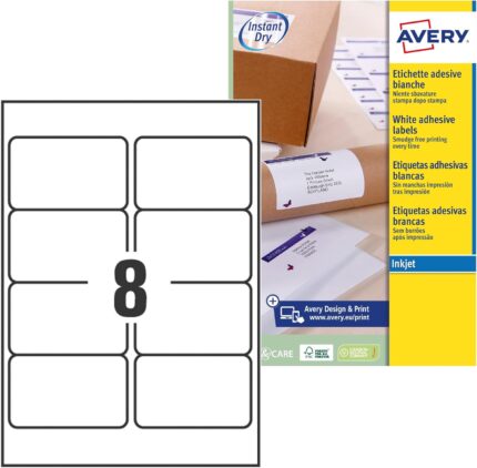 Avery Smudge Free, Printable, Multi Purpose Labels, QuickDRY, 99.1 x 67.7 mm, White, 8 Labels per sheet, 200 Blank labels per pack (J8165-25)