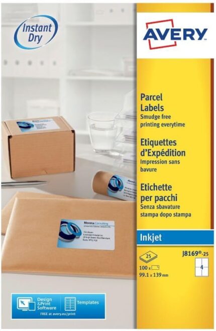 Avery Smudge Free Printable Parcel Labels – Quickdry Shipping Stickers – 99.1 x 139 mm – 4 per Sheet – 100 White Blank Address Labels (J8169-25)