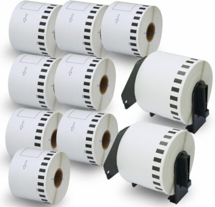 BETCKEY - 10 Rolls DK-22205 Labels with ONLY 2 Reusable Label Holders, 62mm x 30.48m, 10 Continuous Length Paper Labels Using for Ql Label Printers