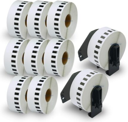 BETCKEY – 10 Rolls DK-22210 Labels with ONLY 2 Reusable Label Holders, 29mm x 30.48m, 10 Continuous Length Paper Labels Using for Ql Label Printers