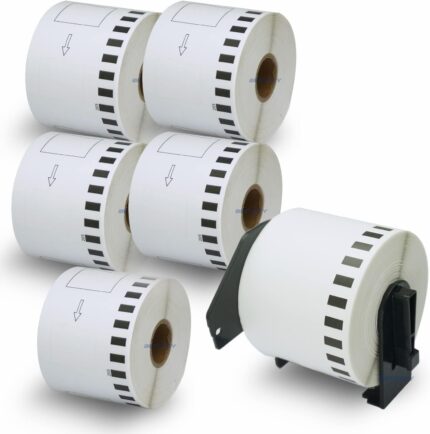 BETCKEY - 6 Rolls DK-22205 Labels with ONLY 1 Reusable Label Holders, 62mm x 30.48m, 6 Continuous Length Paper Labels Using for Ql Label Printers