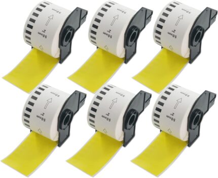 BETCKEY - 6 Rolls DK-22223 Colored Labels, 50mm x 30.48m, Black on Yellow, 6 Continuous Paper Labels Using for QL Label Printers