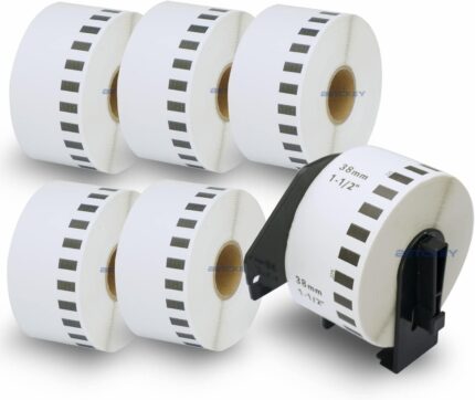 BETCKEY - 6 Rolls DK-22225 Labels with ONLY 1 Reusable Label Holders, 38mm x 30.48m, 6 Continuous Paper Labels Using for Ql Label Printers