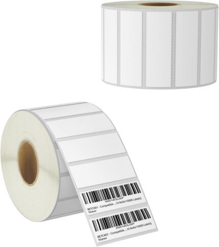 BETCKEY - 76mm x 25mm (3 in x 1 in) Barcode & Address Thermal Labels, 2750 Perforated Labels (2 Rolls), Compatible with Zebra & More Printers