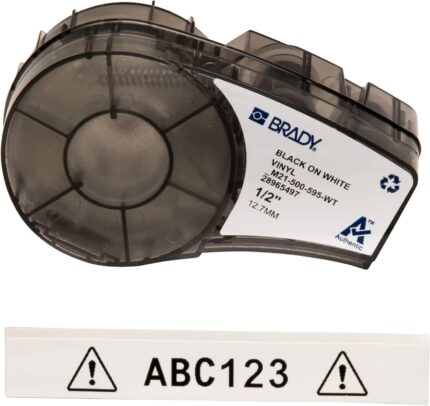 Brady Vinyl Label Tape for Label Printer M211 & M210 – Self Adhesive Vinyl Printer Labels – Black on White (12.70mm x 6.40m) – M21-500-595-WT