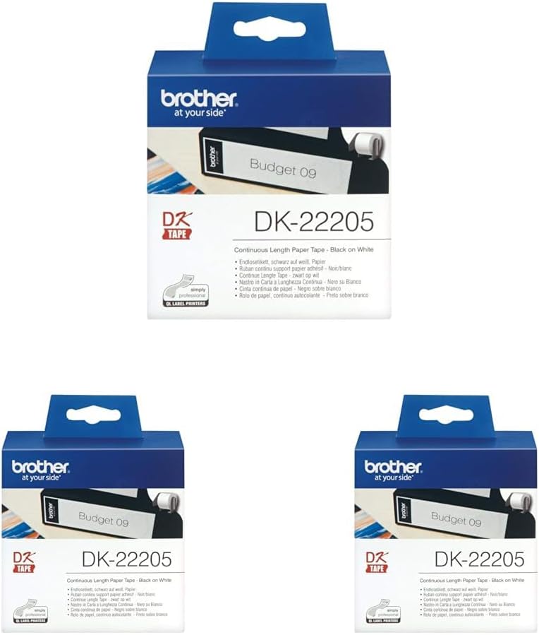Brother DK-22205 Label Roll, Continuous Length Paper, Black on White, Single Label Roll, 62mm (W) x 30.48M (L), Brother Genuine Supplies (Pack of 3) Brother DK-22205 Label Roll, Continuous Length Paper, Black on White, Single Label Roll, 62mm (W) x 30.48M (L), Brother Genuine Supplies (Pack of 3)