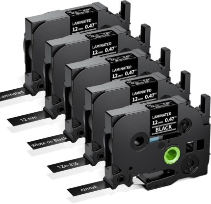Compatible with Brother Label Printer Tape Replacement for P Touch TZe-335 TZe335 12mm 0.47 Inch TZe TZ Tape White on Black, Compatible with Brother P-Touch PT-H110 H107B H100LB D400 H105, 5-Pack