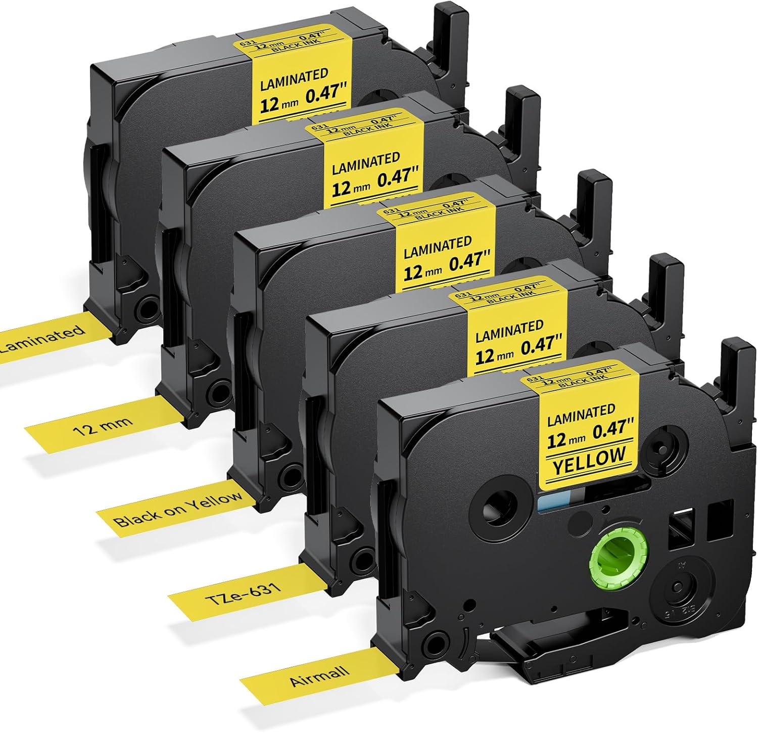 Compatible with Brother P Touch Black on Yellow TZe-631 Laminated 12mm 0.47 inch TZe TZ Label Tape, Replace for Brother P-Touch Labelling Maker PT-H110 P300BT H101C E110 H105 H200 D210, 5-Pack Compatible with Brother P Touch Black on Yellow TZe-631 Laminated 12mm 0.47 inch TZe TZ Label Tape, Replace for Brother P-Touch Labelling Maker PT-H110 P300BT H101C E110 H105 H200 D210, 5-Pack