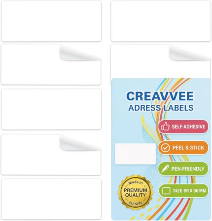 Creavvee® 112 Pack White Address Labels – Self-Adhesive Labels 89 mm x 36 mm – Easy to Write On – Strong Stick, Easy Peel – Ideal for Mailing, Shipping, Organizing, Office & Home Use