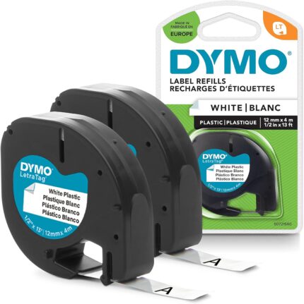 DYMO Branded LetraTag Plastic Labels | 12 mm x 4 m Roll | Black Print on White | MultipurposeSelf-Adhesive for LetraTag Label Makers | 2 Count