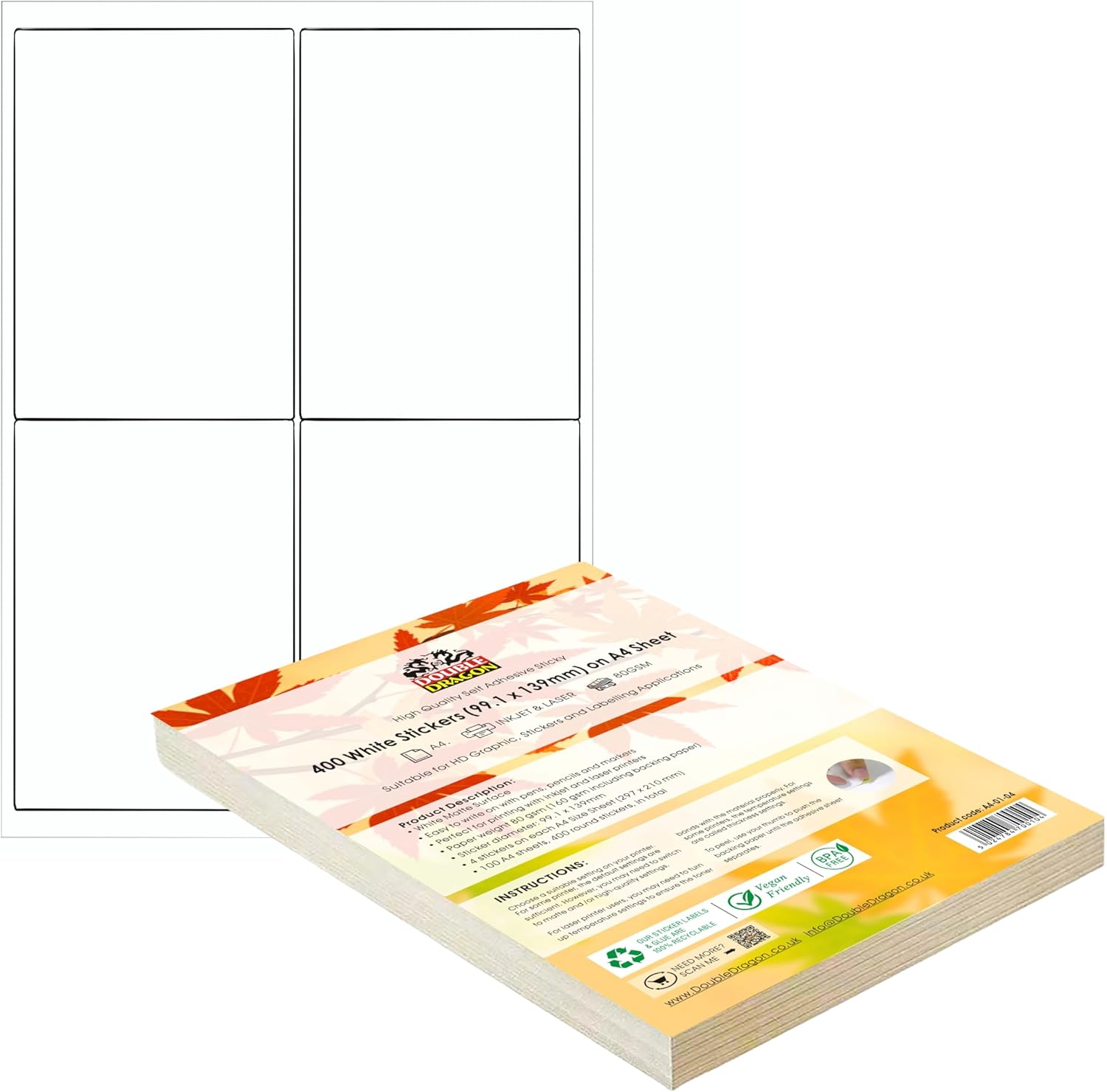 Double Dragon, 100 Sheets Pack A4 Self-Adhesive Address Labels, 4 Per Sheet, 400 Labels, 99.1x139mm, Easy Peel, Inkjet & Laser Printer Compatible – Address, Shipping, Mailing, File, DIY Stickers Double Dragon, 100 Sheets Pack A4 Self-Adhesive Address Labels, 4 Per Sheet, 400 Labels, 99.1x139mm, Easy Peel, Inkjet & Laser Printer Compatible – Address, Shipping, Mailing, File, DIY Stickers