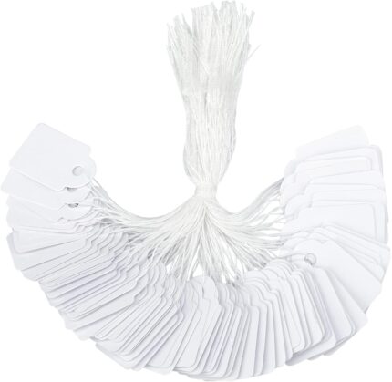 G2PLUS 500PCS Mini Strung Price Tags - White String Pricemarker Labels, 15x 24mm Tie on Paper Tags, Jewelry Marking Tags - Blank Gift Marking Labels with String for Jewelry Clothing Display