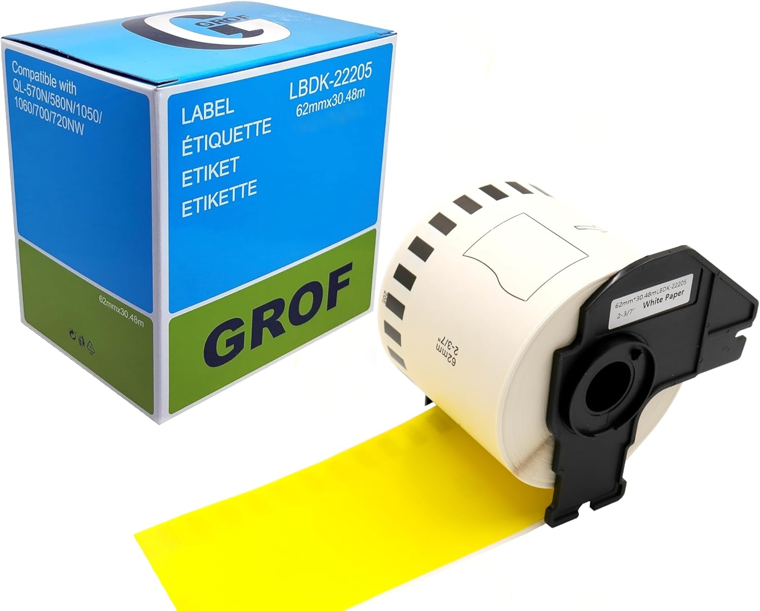 GROF – 1 Roll DK-22205 Yellow Continuous Shipping Labels Label Roll Compatible with Brother – 62 mm x 30.48 m, 1 Coloured Labels Yellow for Brother QL Label Printers GROF – 1 Roll DK-22205 Yellow Continuous Shipping Labels Label Roll Compatible with Brother – 62 mm x 30.48 m, 1 Coloured Labels Yellow for Brother QL Label Printers