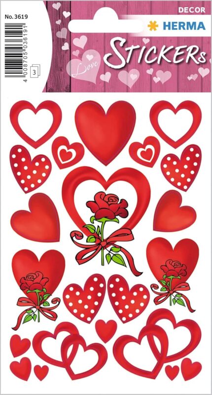 HERMA 3619 Stickers Hearts Red Small Large 66 Pieces Heart Stickers with Roses Flowers Labels in Heart Shape for Valentine's Day Love Wedding Birthday Scrapbooking Decoration Gift Letters DIY