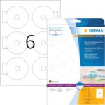 HERMA Self Adhesive Full Face Mini CD Labels, 6 Labels per A4 Sheet, 320 Sheets, Ø 78 mm, 1920 Labels, Blank Opaque CD Labels Stickers, Sticky Labels for Laser & Inkjet Printer, White