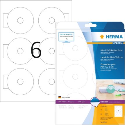HERMA Self Adhesive Full Face Mini CD Labels, 6 Labels per A4 Sheet, 320 Sheets, Ø 78 mm, 1920 Labels, Blank Opaque CD Labels Stickers, Sticky Labels for Laser & Inkjet Printer, White