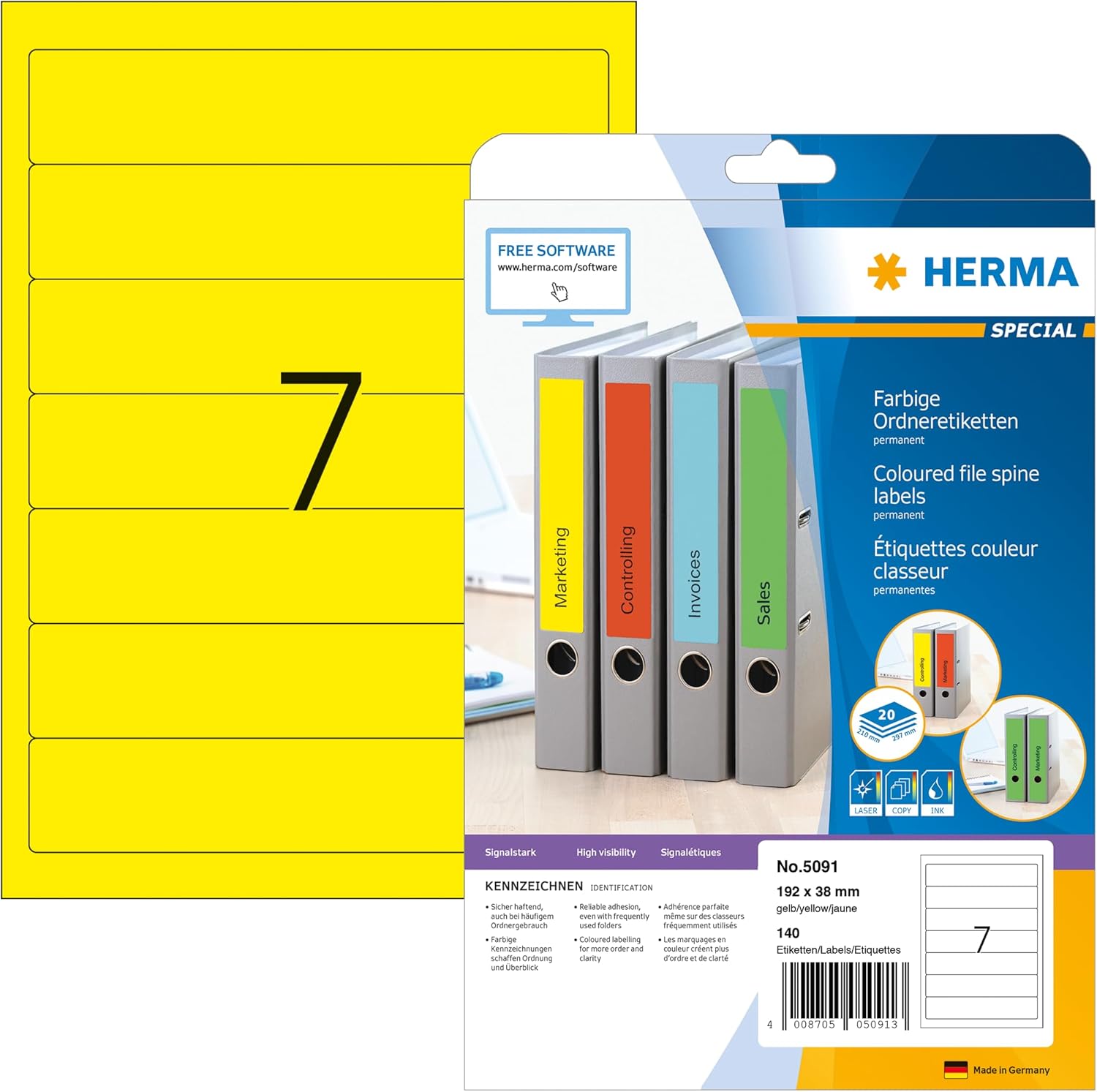 HERMA Self Adhesive Spine Labels, 7 Labels per A4 Sheet, 20 Sheets, 192 x 38 mm, 140 Labels, Blank Lever Arch File Folder Labels Stickers, Sticky Labels for Laser & Inkjet Printer, Yellow HERMA Self Adhesive Spine Labels, 7 Labels per A4 Sheet, 20 Sheets, 192 x 38 mm, 140 Labels, Blank Lever Arch File Folder Labels Stickers, Sticky Labels for Laser & Inkjet Printer, Yellow