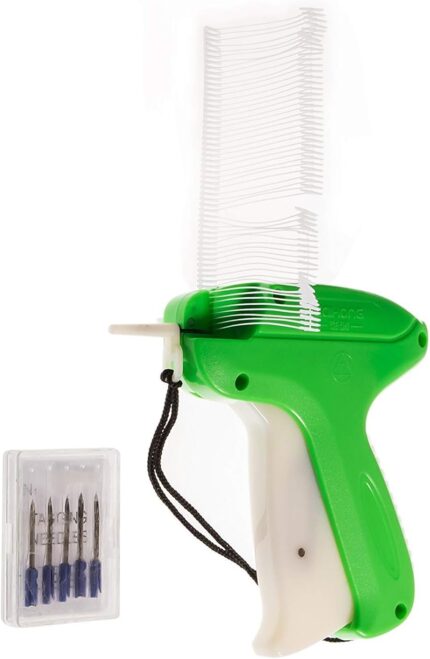 JZK 1 Green Clothes Tagging Gun and Safety Cover + 5 Backup tag Gun Needles + 1000 Pieces 50mm tag Gun barbs White Kimble barbs for Price Labels Tags for Clothes Socks