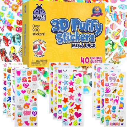 PURPLE LADYBUG 900+ PCS Assorted 3D Stickers for Kids - 40 Sheets of Fun Craft and Reward Stickers Featuring Stars, Animals, Cars & More - Travel Activity & Scrapbooking