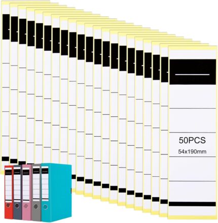 Pack of 50 Self-Adhesive Folder Spines 54x190mm White File Stickers for 8 cm Lever Arch Folders, Sticky Name Labels & File Folder Labels, Wide Edge Folder Label Self-Adhesive for Office, School, Home