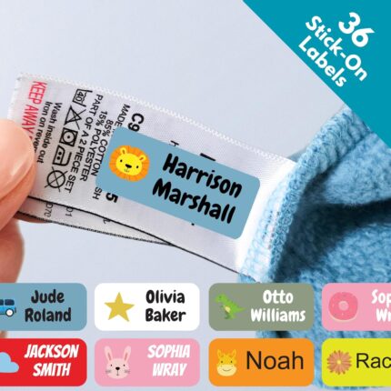 QuoteMyWall 36 Stick On Clothing Labels for School Uniform Clothes | Washable No Iron Personalised Name Sticker Tags Kids, Customised Children's Stationery (Blue)