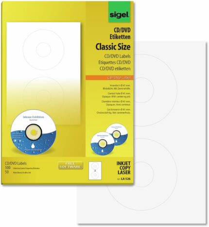 SIGEL LA526 Universal CD/DVD Labels with centering aid, Ø 11.7 cm (center Ø 4.1 cm), 100 lbl equal to 25 sheets, White