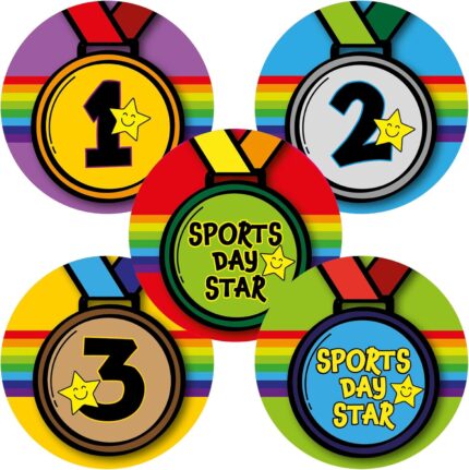 Sports Day Stickers: 1st, 2nd, 3rd & Sports Day Star Variety Pack. 125 x 28mm stickers.